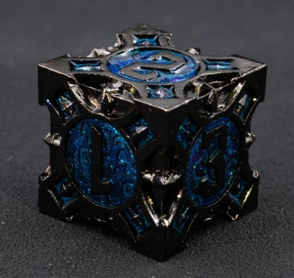 black blue solid metal dice