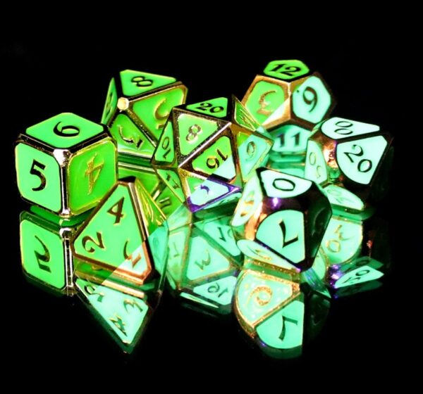 green solid metal dice